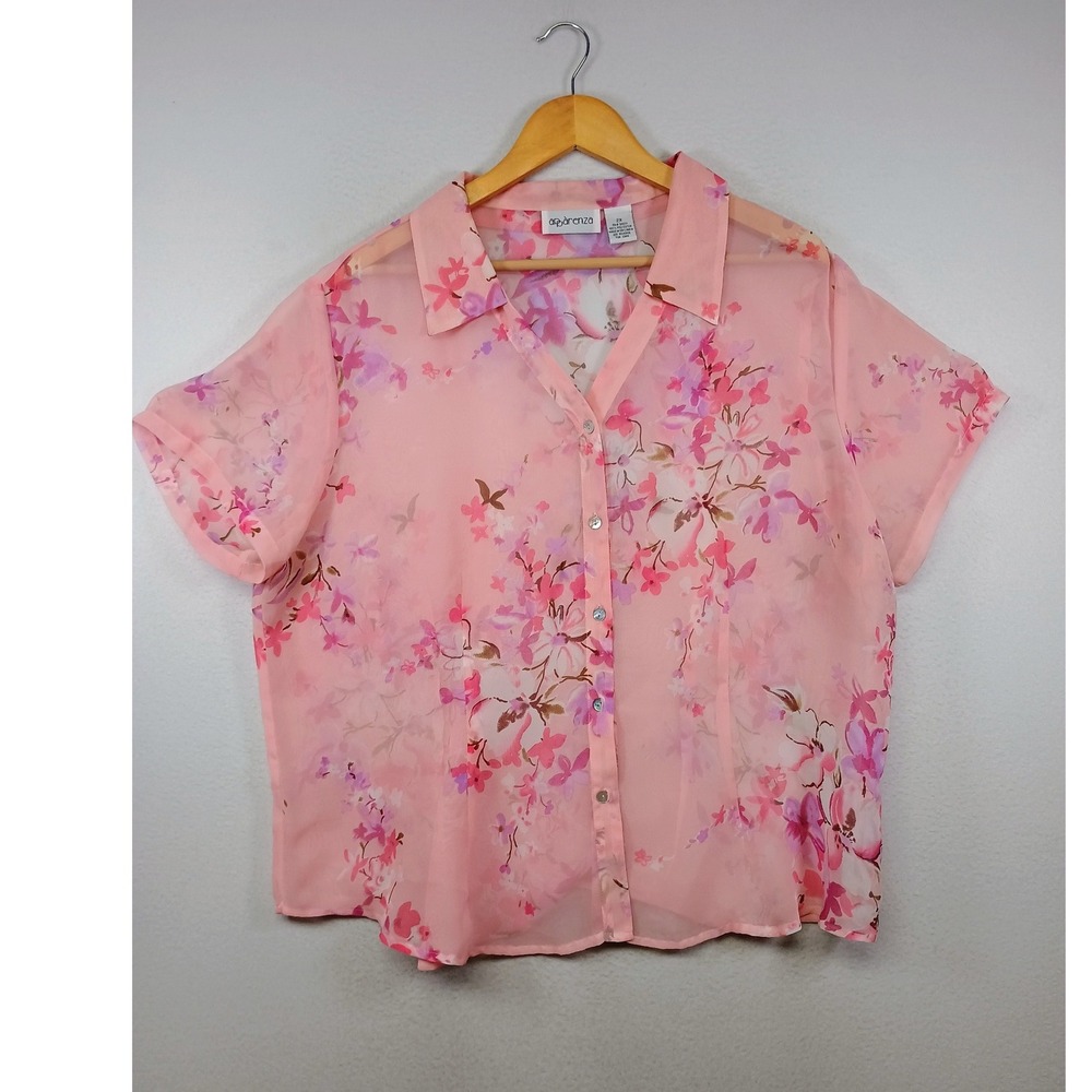 Cottagecore Apparenza Women 2X Pink Floral Sheer Short‎ Slv Button Front Blouse